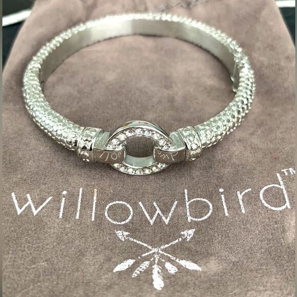 Willowbird Bangle Bracelet – Textured Silver Tone + Crystal Detail - Picture 1 of 7